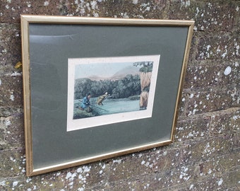 Vintage Victorian Colour Print Fly Fishing Two Men Catching a Fish Highlands 37 x 31.5 cm