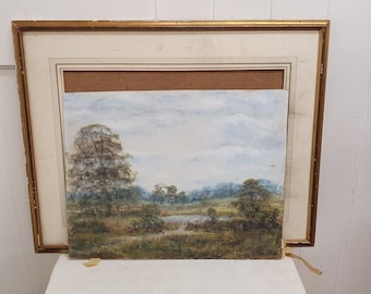 Large Vintage Original Oil Pastel Painting Landscape with Trees in Wooden Frame