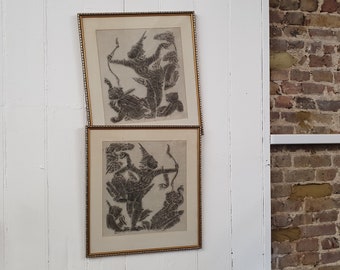 Pair of Large Matching Retro Prints Black and White Indian Hindu Archer Deities and Monkeys in Glazed Wooden Frames