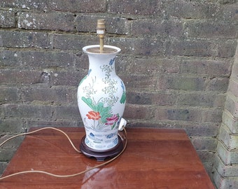 Large Oriental Style Ceramic Bedside Table Lamp Working Pond Floral Foliage Decoration.