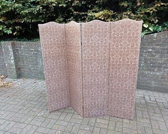 Vintage Folding Room Divider Screen, 4 Panel Fabric Covered Privacy Screen, Early 20th Century Partition, Decorative Dressing Room Screen