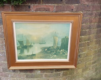 Large Quality 19th Century Harbour Scene Colour Art Print British Coast Nautical Landscape Gold Wood Frame Gilt 79 x 64.5 cm