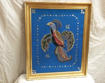 Massive Vintage Bird of Paradise Oriental Embroidery.