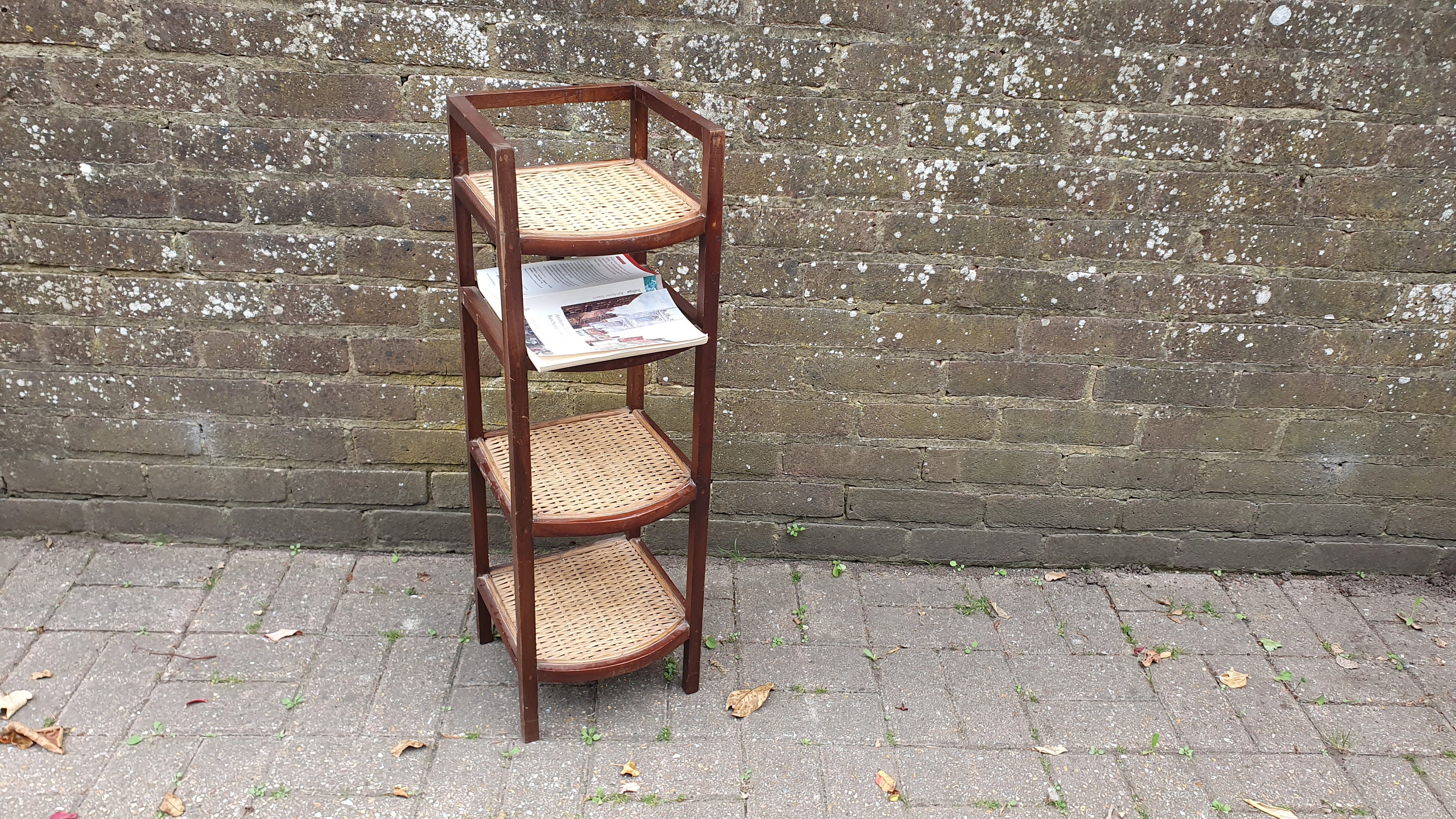 Vintage Mahogany and Rattan Thin Shelves Storage