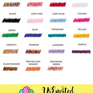 May include: A chart showing different colors of curling ribbon, with the names of each color listed below. The colors include Mardi Gras, red/white, red, white, black, light pink, light blue, fuchsia, green, blue, turquoise, yellow, confetti, rainbow, lavender, purple, black/orange, red/yellow/orange, and red/white/green. The chart is labeled "UvEnvited party decorations".
