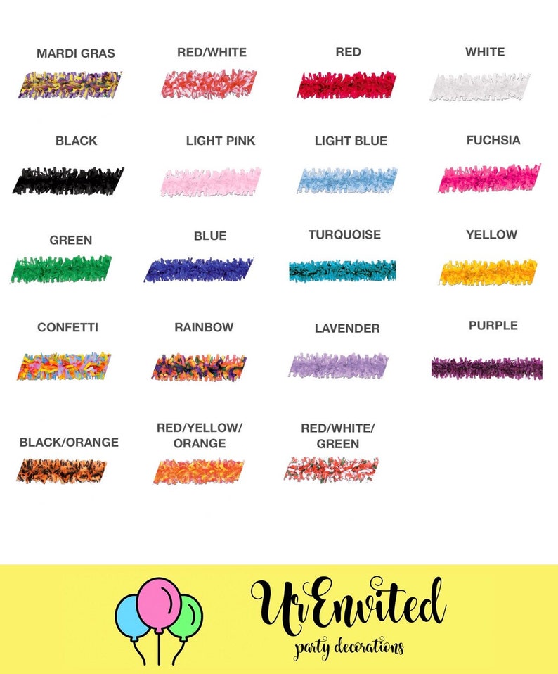 May include: A chart showing different colors of curling ribbon, with the names of each color listed below. The colors include Mardi Gras, red/white, red, white, black, light pink, light blue, fuchsia, green, blue, turquoise, yellow, confetti, rainbow, lavender, purple, black/orange, red/yellow/orange, and red/white/green. The chart is labeled "UvEnvited party decorations".