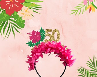 May include: Pink and gold headband with a pink flower and the number 50. The headband is decorated with pink tissue paper.