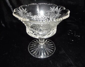 Etched glass compote, dessert dish, embossed compote  item # 37