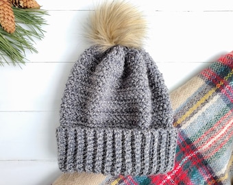 Bluish-Gray Slouchy Winter Hat with Faux Fur Pom