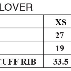 May include: Size chart for a hooded pullover, showing measurements in inches for body length, chest width, and sleeve length. Sizes range from XS to 3XL.