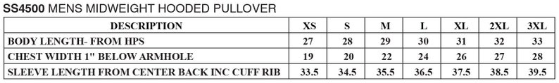 May include: Size chart for a hooded pullover, showing measurements in inches for body length, chest width, and sleeve length. Sizes range from XS to 3XL.