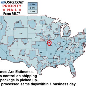 Puede incluir: Un mapa de los Estados Unidos que muestra los tiempos de entrega estimados para Priority Mail desde el c&oacute;digo postal 65807. El mapa muestra tiempos de entrega de 1, 2 y 3 d&iacute;as. Los tiempos de entrega son estimaciones. No tenemos control sobre el env&iacute;o una vez que su paquete es recogido. Los pedidos se procesan el mismo d&iacute;a/dentro de 1 d&iacute;a h&aacute;bil.