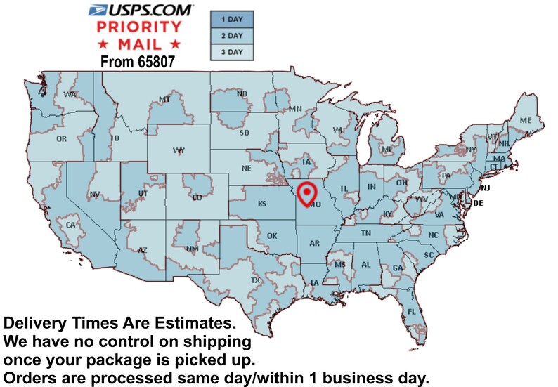 Puede incluir: Un mapa de los Estados Unidos que muestra los tiempos de entrega estimados para Priority Mail desde el c&oacute;digo postal 65807. El mapa muestra tiempos de entrega de 1, 2 y 3 d&iacute;as. Los tiempos de entrega son estimaciones. No tenemos control sobre el env&iacute;o una vez que su paquete es recogido. Los pedidos se procesan el mismo d&iacute;a/dentro de 1 d&iacute;a h&aacute;bil.