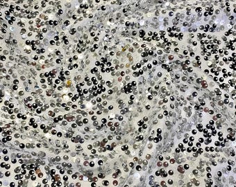 Taffeta Sequins Fabric by the Yard in Silver on White