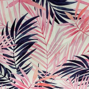May include: A seamless pattern featuring pink and dark blue watercolor palm leaves on a white background.