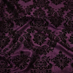 Damask Flocking Taffeta Fabric by the Yard in Black on Plum