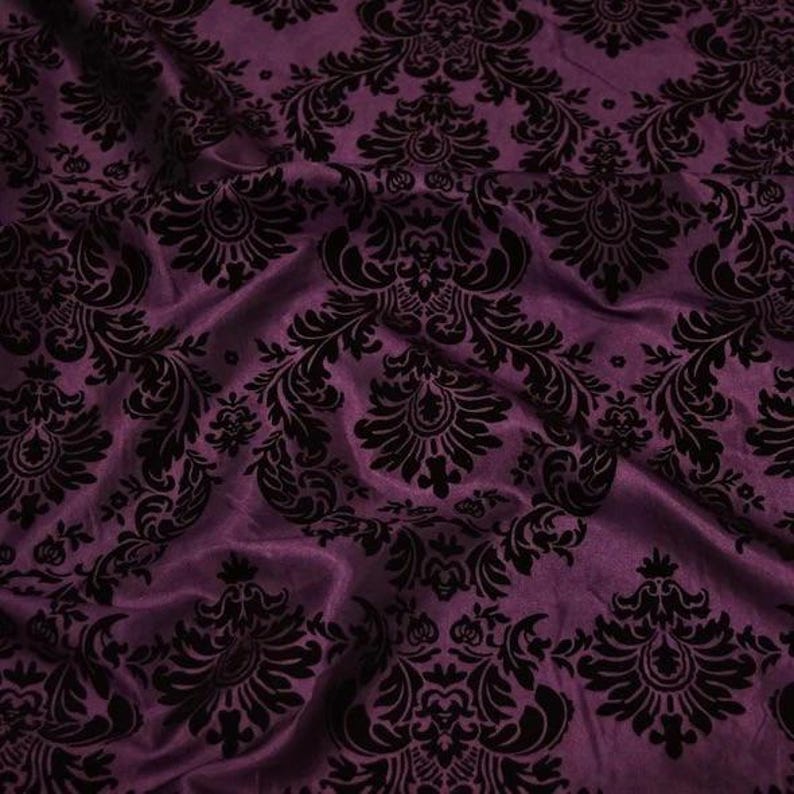 Damask Flocking Taffeta Fabric by the Yard in Black on Plum