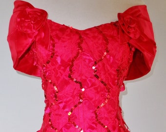 Robe de bal de soirée en dentelle à sequins en satin rouge Roberta vintage des années 80, taille XS
