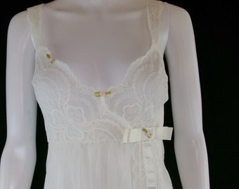 Chemise de nuit longue en nylon blanc Shadowline des années 60, taille M, rubans, boutons de rose, dentelle