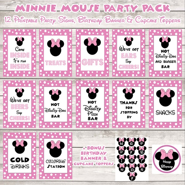 SALE -The ULTIMATE Minnie Mouse Party Pack Printable Set / 12 Signs + Birthday Banner and Cupcake Topper / Instant DOWNLOAD / Minnie Mouse