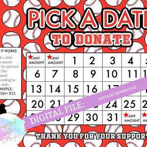 Pick a Date to Donate - Baseball, cash calendar, 31 day baseballfundraiser with FREE tracking sheet printable