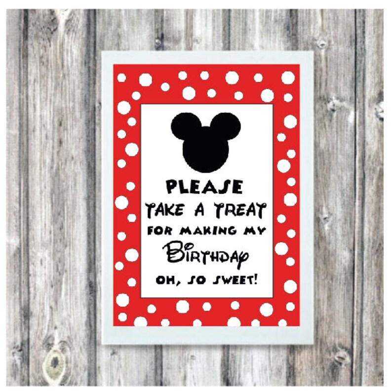 SALE Mickey Mouse Party Art / INSTANT DOWNLOAD / Please take a Treat for making my birthday oh so sweet / Mickey Mouse Sign image 1
