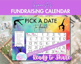 Pick a Date to Donate - Gymnastics, cash calendar, 31 day gymnastics fundraiser with FREE tracking sheet printable