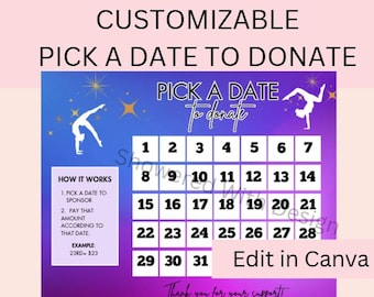 Pick a Date to Donate - Gymnastics, cash calendar, 31 day gymnastics fundraiser with FREE tracking sheet printable, mystical gymnastics