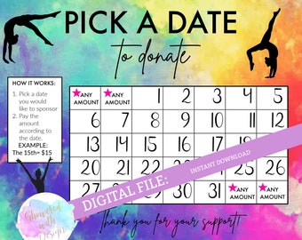 Pick a Date to Donate - Gymnastics, cash calendar, 31 day gymnastics fundraiser with FREE tracking sheet printable