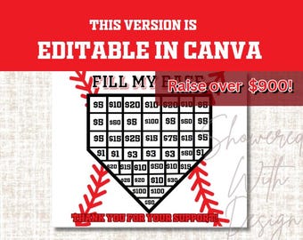 Fill My Base Fundraiser- Editable in Canva Version, baseball fundraiser, cash calendar, with FREE tracking sheet printable