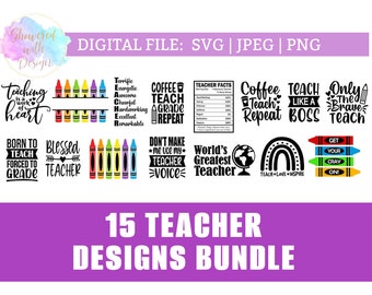 Lot of 15 Teacher SVG designs, Tshirt decal, DIGITAL design, PNG Jpg, Teacher Mode Svg,Teacher Quote Svg,Back to School Svg,Instant Download