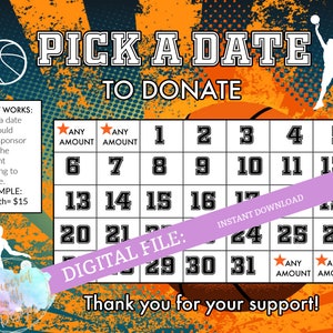 Pick a Date to Donate - Basketball, cash calendar, 31 day basketball fundraiser with FREE tracking sheet printable
