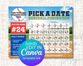 Pick a Date to Donate- baseball fundraiser, cash calendar, with FREE tracking sheet printable, EDITABLE in Canva