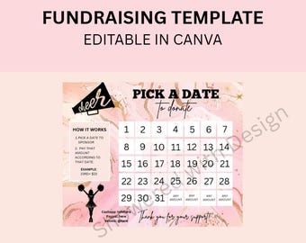 Pick a Date to Donate - Editable in canva Cheer, cash calendar, 31 day cheer fundraiser with FREE tracking sheet printable
