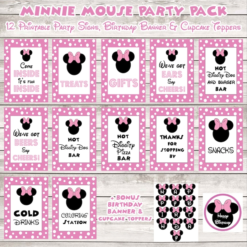 SALE The ULTIMATE Minnie Mouse Party Pack Printable Set / 12 Signs Birthday Banner and Cupcake Topper / Instant DOWNLOAD / Minnie Mouse image 1