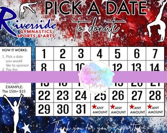 Pick a Date to Donate -Your Gym logo- Gymnastics, cash calendar, 31 day gymnastics fundraiser with FREE tracking sheet printable