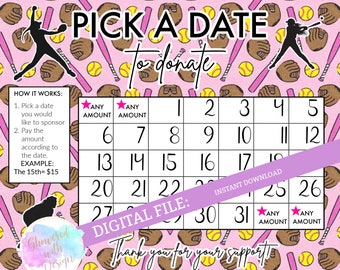 Pick a Date to Donate - Softball, cash calendar, 31 day baseball softball fundraiser with FREE tracking sheet printable