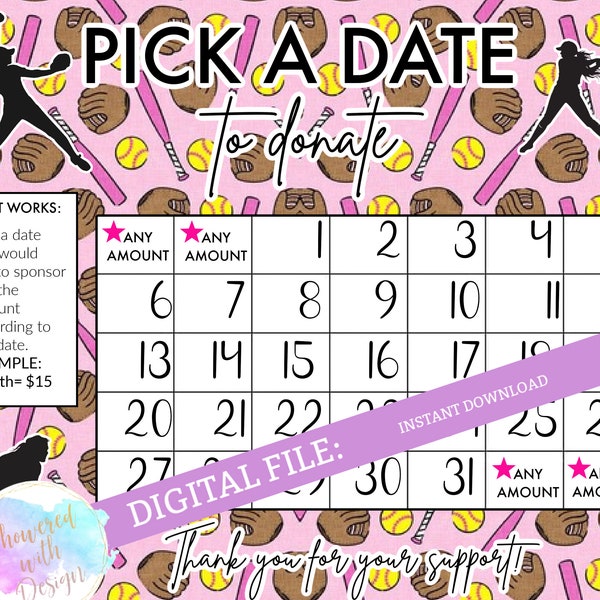 Pick a Date to Donate - Softball, cash calendar, 31 day baseball softball fundraiser with FREE tracking sheet printable