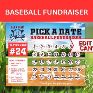 寄付する日付を選択 - オールスター野球募金活動、キャッシュカレンダー、無料の追跡シート付き、Canvaで編集可能