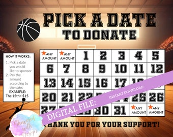 Pick a Date to Donate - Basketball, cash calendar, 31 day basketball fundraiser with FREE tracking sheet printable