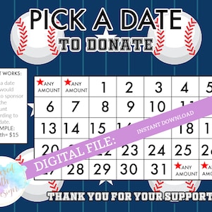 Pick a Date to Donate - Baseball, cash calendar, 31 day baseballfundraiser with FREE tracking sheet printable