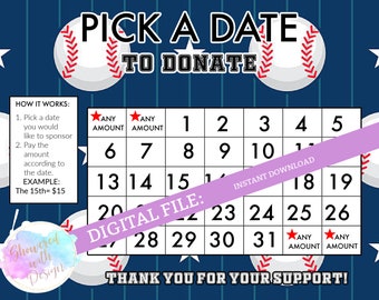 Pick a Date to Donate - Baseball, cash calendar, 31 day baseballfundraiser with FREE tracking sheet printable