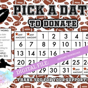 Pick a Date to Donate - Football, cash calendar, 31 day football fundraiser with FREE tracking sheet printable