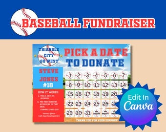 Pick a Date to Donate- baseball fundraiser, cash calendar, with FREE tracking sheet printable, EDITABLE in Canva