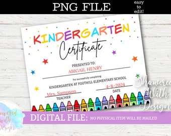 Printable Kindergarten Certificate- Editable