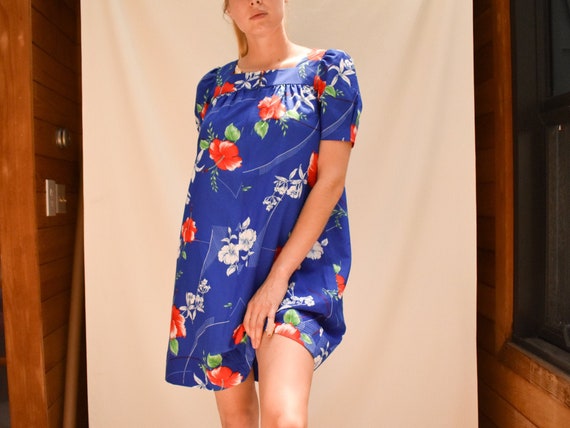 70s Blue Hawaiian Dress - 70s mini dress 70s dress