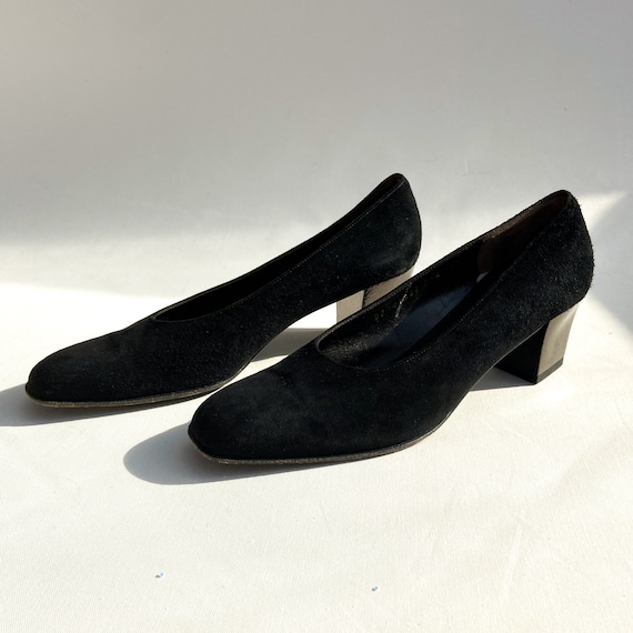 70s Salvatore Ferragamo Black Suede Heels - vintag