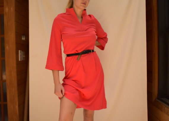 70s Red Dress with Bell Sleeves - 70s shift dress