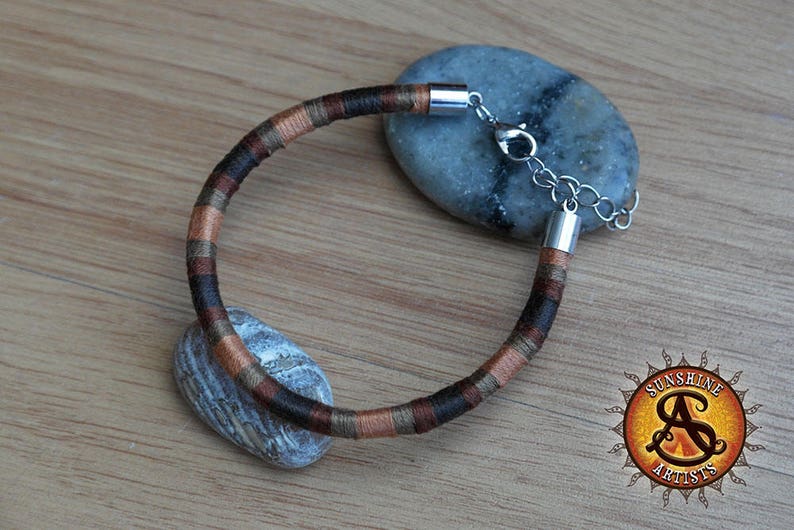 lobster clasp tan and khaki woven braided bracelet with embroidery cotton in earth festival wear Natural brown bracelet unisex jewelry