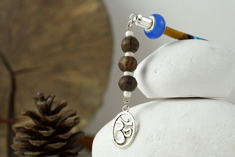 wooden beads and an Om charm Earthy clip in hair braid accessory with blue bead capped end